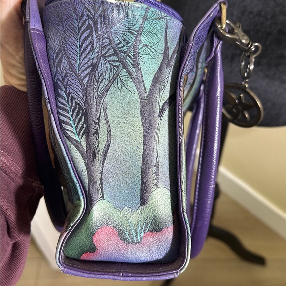 Purple Anuschka Elephant hand bag purse. Hand painted leather. - Picture 10 of 14